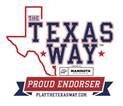 A texas state outline with red and blue text  Description automatically generated